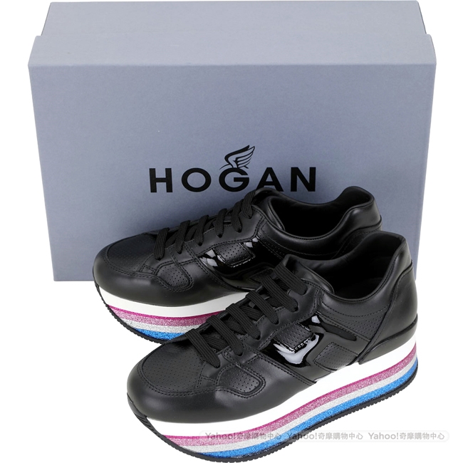 HOGAN Maxi H222 H 彩紅金蔥條紋厚底繫帶休閒鞋(黑色)