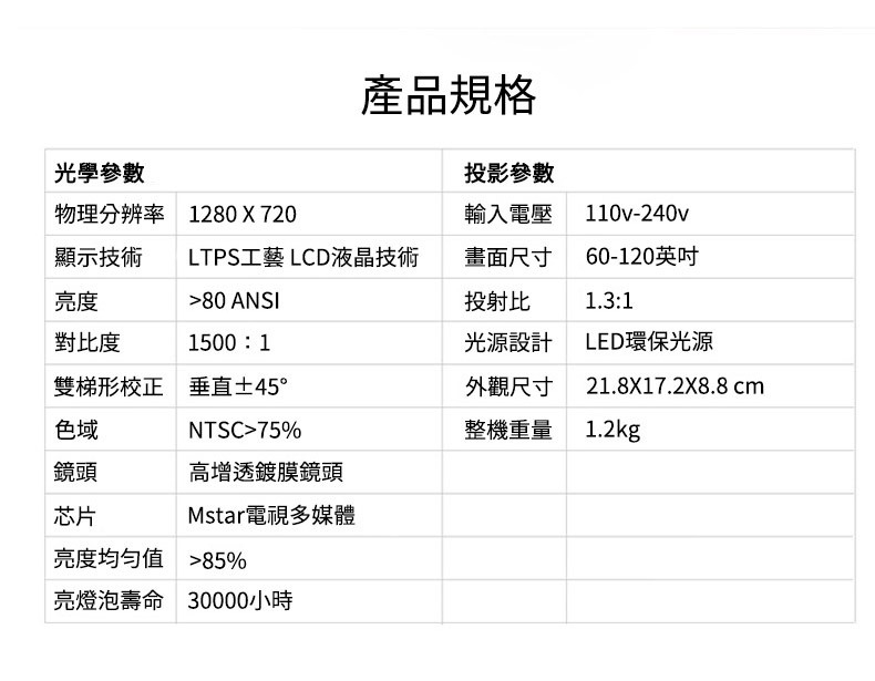 QHL 酷奇 720HD國際流明80劇院音效投影微型投影機(T410)