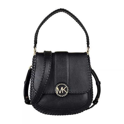 MK MICHAEL KORS LILIE金字LOGO牛皮扣式手提斜背包(中/黑)