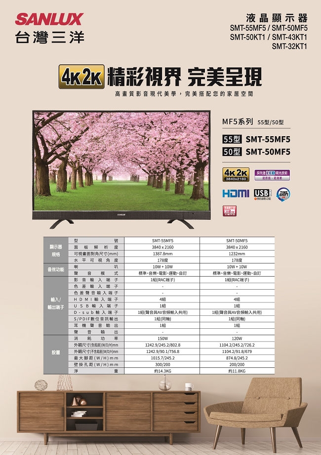 SANLUX 台灣三洋 55型 4K2K 液晶顯示器 SMT-55MF5 不含視訊盒