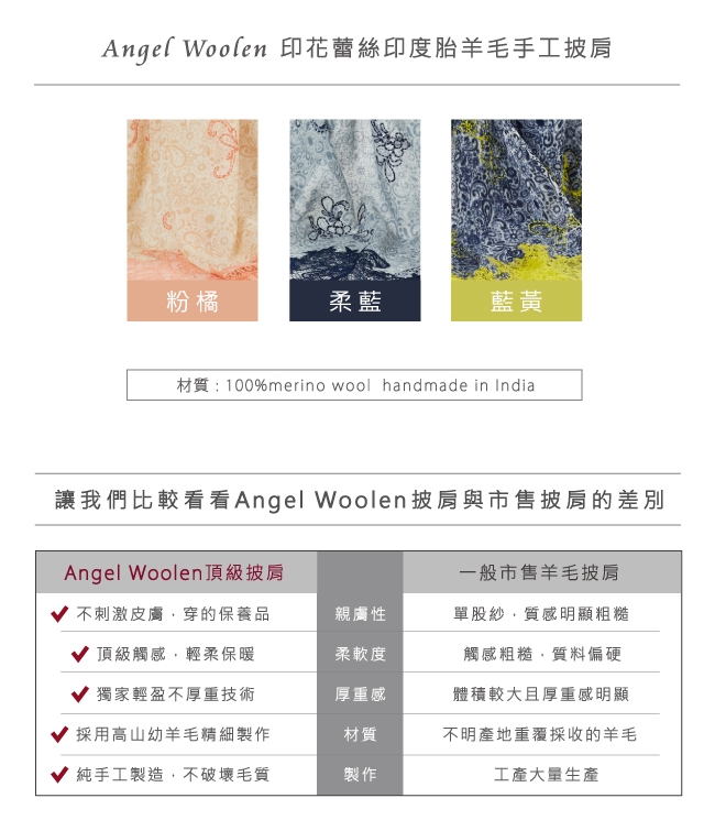 【ANGEL WOOLEN】印花蕾絲印度胎羊毛手工披肩(共三色)