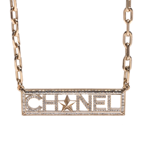 CHANEL 經典品牌LOGO水鑽鑲嵌五角星裝飾長方鎖鍊造型項鍊(金)
