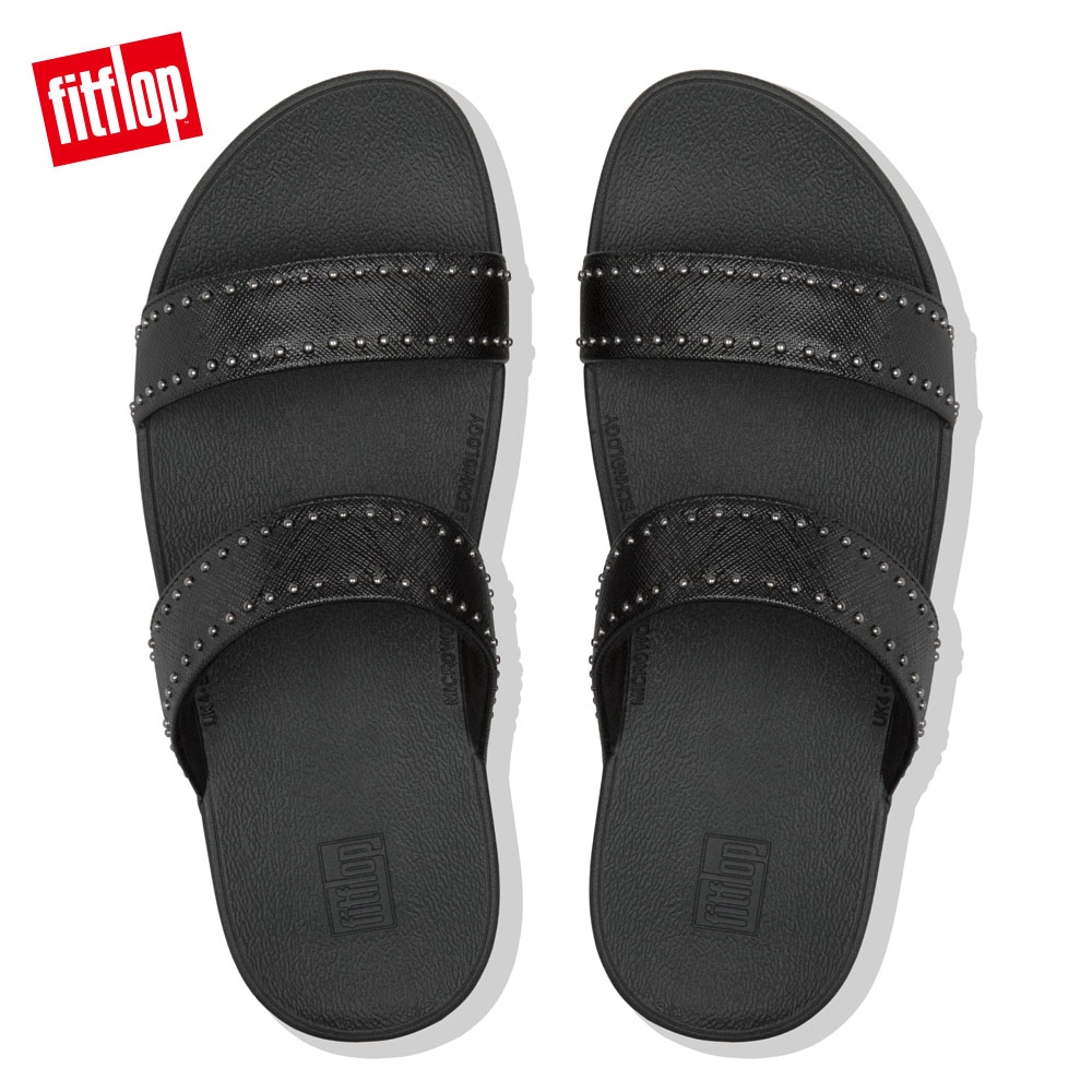 FitFlop LOTTIE MICROSTUD SLIDES精緻鉚釘設計雙帶涼鞋 黑