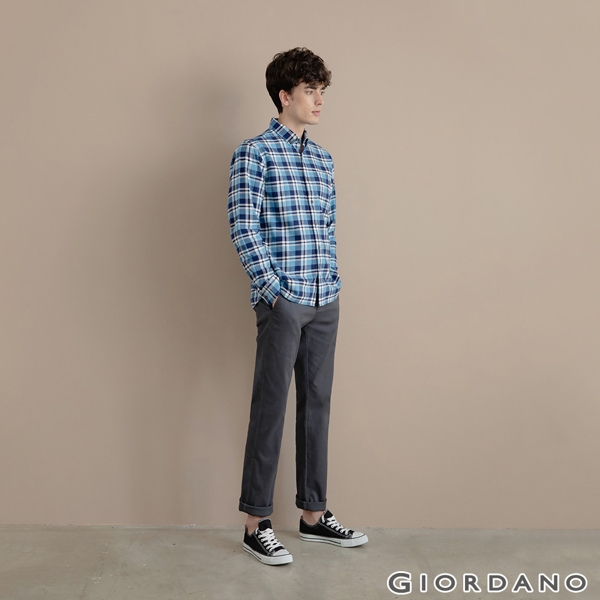 GIORDANO 男裝法蘭絨溫暖磨毛長袖襯衫-23 寶藍/藍/白格紋