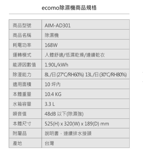 ecomo 8L 3級清淨除濕機 AIM-AD301