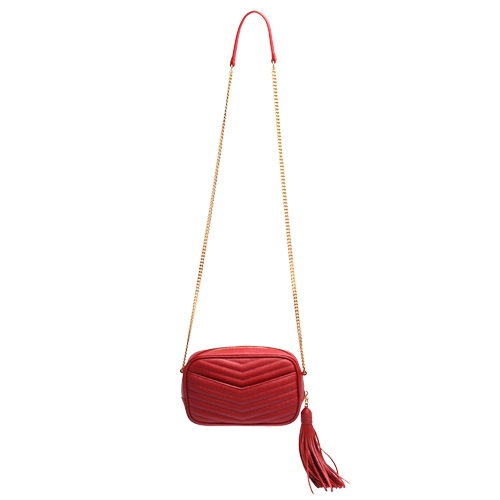 YSL LOU系列V字車紋荔枝紋小牛皮金色LOGO流蘇墜飾拉鍊斜背包(迷你-紅)