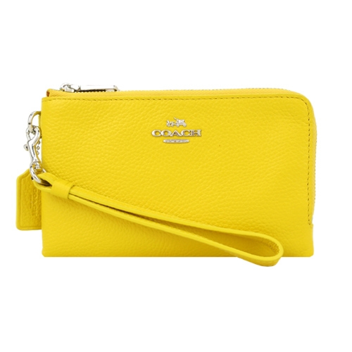 COACH 立體馬車荔枝皮革雙拉鍊手拿包(亮黃)