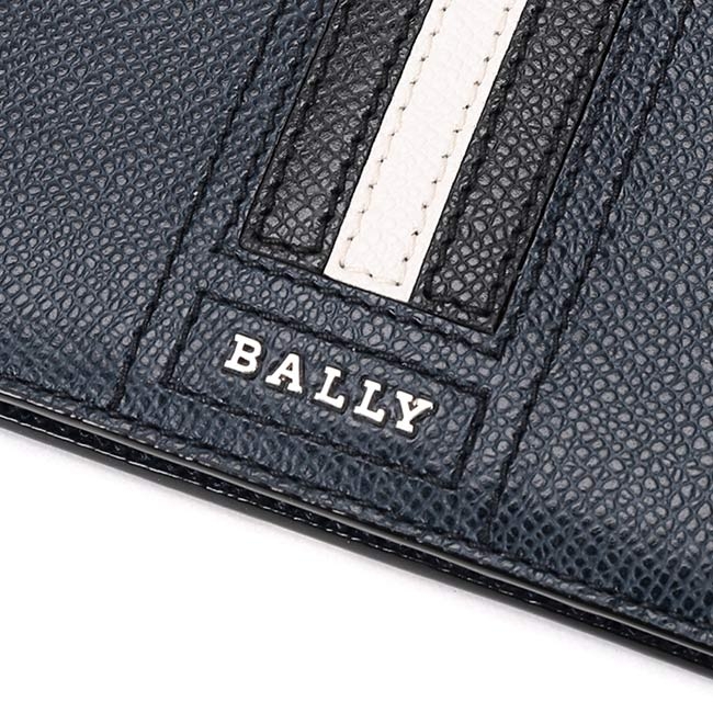 BALLY字母LOGO 黑白條紋 防刮牛皮護照夾 (深藍色)