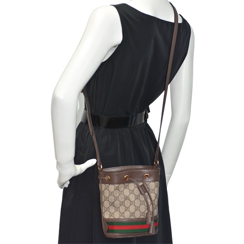 GUCCI 經典Ophidia帆布印花綠紅綠織帶皮革飾邊束口水桶包(迷你-烏木色)