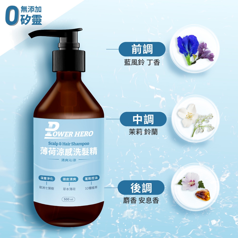 無添加0矽靈前調藍風鈴 丁香 HEROScalp  Hair Shampoo薄荷涼感洗髮精中調茉莉 鈴蘭清爽沁涼深層淨化頭皮清爽蓬鬆控油歐洲七葉樹草本薄荷10種植萃後調500ml麝香 安息香