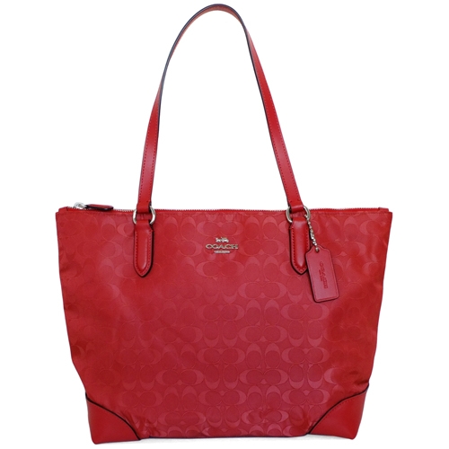 COACH紅色C Logo尼龍真皮壓底肩背托特包