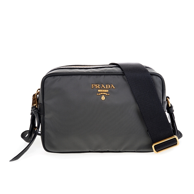 PRADA 經典Saffiano金字浮雕LOGO尼龍帆布皮飾邊斜背小方包 (深灰)