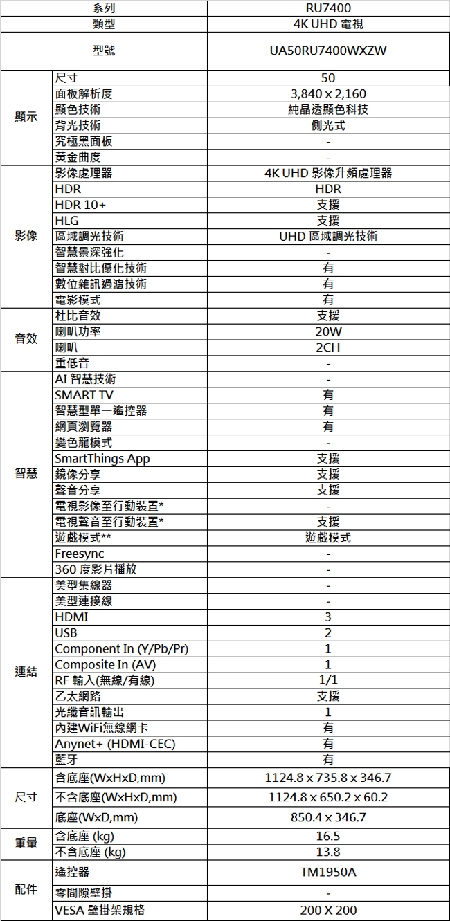 SAMSUNG三星 50吋 4K UHD連網液晶電視 UA50RU7400WXZW