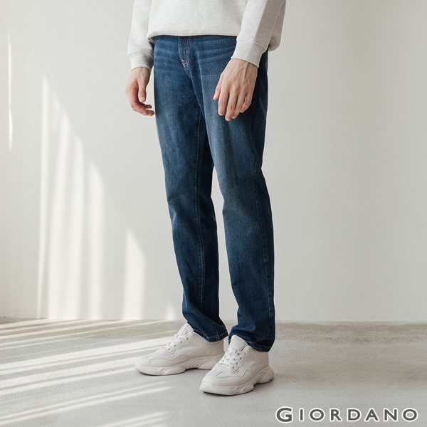 GIORDANO 男裝Old School刷色直筒牛仔褲 - 71 深藍