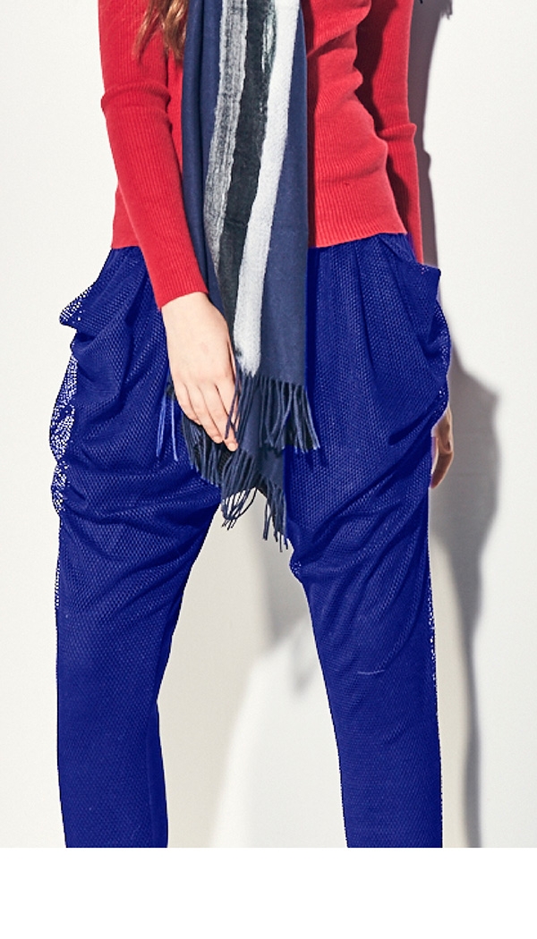 【SHOWCASE】個性垂墜網布修身窄管哈倫褲(藍)