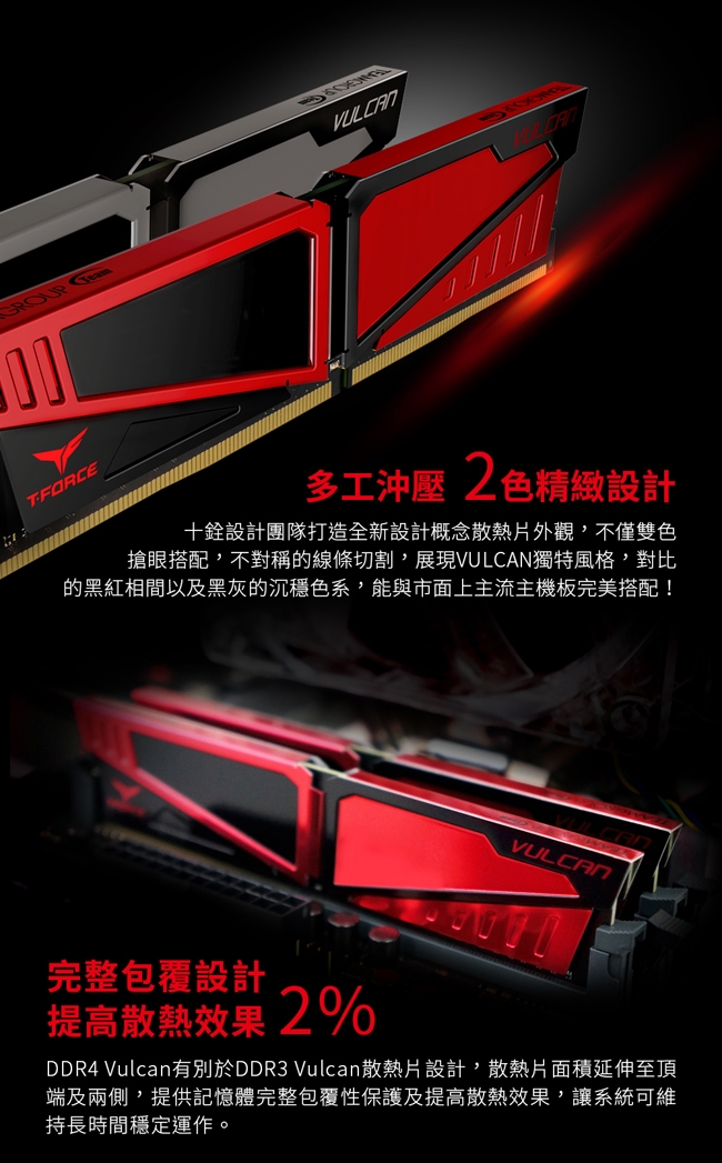 TEAM十銓 Vulcan 紅色 DDR4 3000 16G 桌上型記憶體(兩入組)