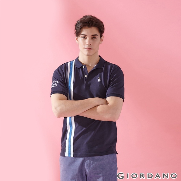 GIORDANO 男裝撞色企鵝刺繡彈性萊卡POLO衫 - 71 標誌海軍藍