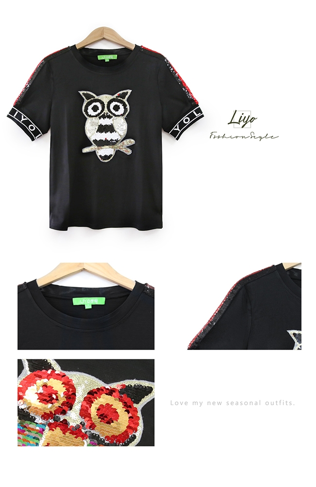 上衣-LIYO理優-手工亮片變色貓頭鷹-t shirt