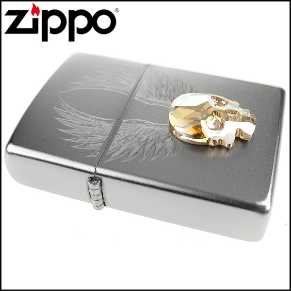 ZIPPO 美系~Gold Skull-骷髏之翼-施華洛世奇水晶貼飾打火機