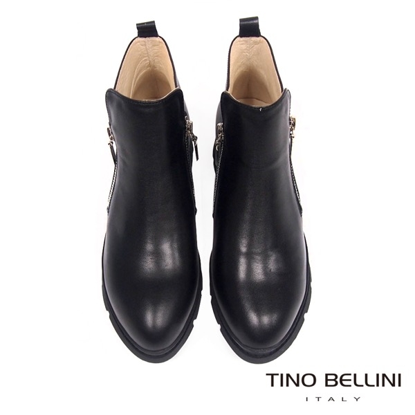 Tino Bellini雙拉鍊全真皮厚底內增高短靴_黑