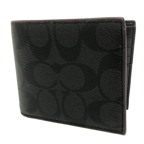 COACH 經典C LOGO滾邊PVC皮革 8卡對折輕便短夾附活動證件夾(黑褐)