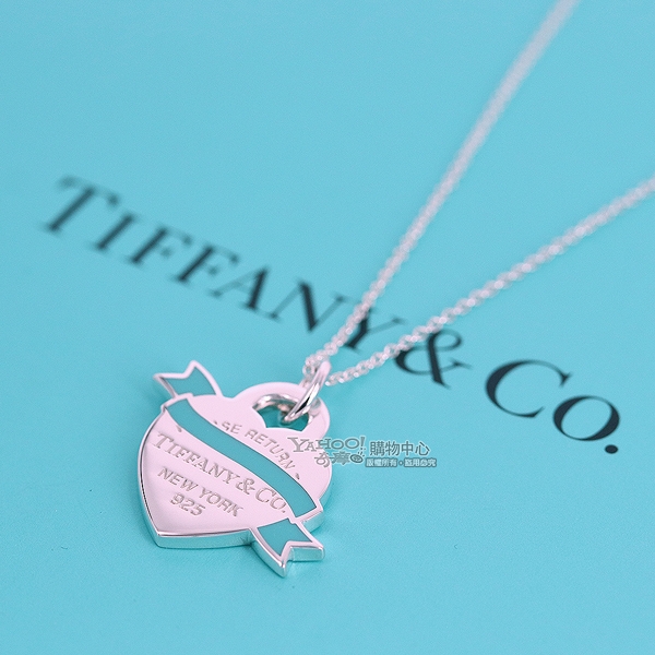 Tiffany&Co.藍色琺瑯緞帶愛心925純銀項鍊