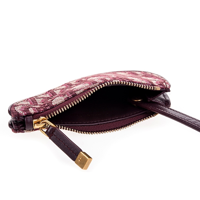 DIOR 經典老花DIOR OBLIQUE馬鞍金屬D釦粒面小牛皮零錢包 (酒紅色)