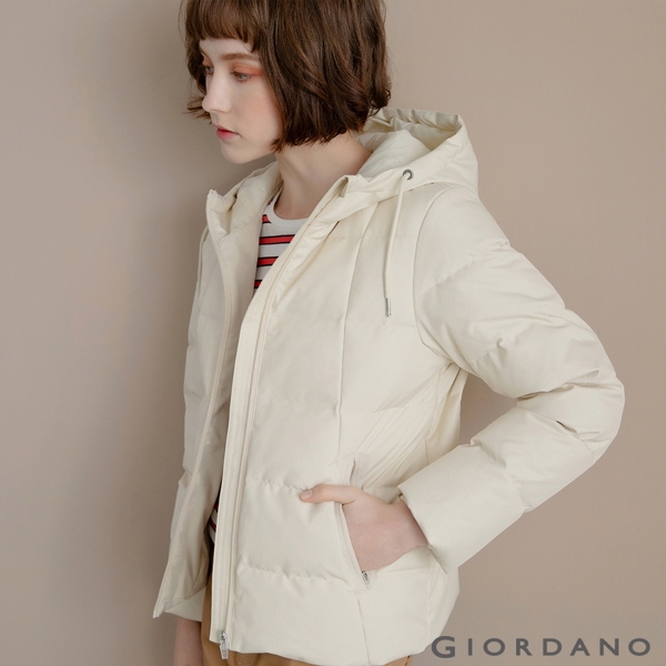 GIORDANO 女裝抽繩連帽羽絨外套-97 花紗燕麥卡其