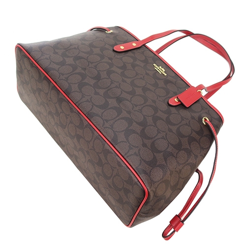 COACH 馬車C LOGO PVC皮革三層手提/肩背包(深咖X寶石紅)