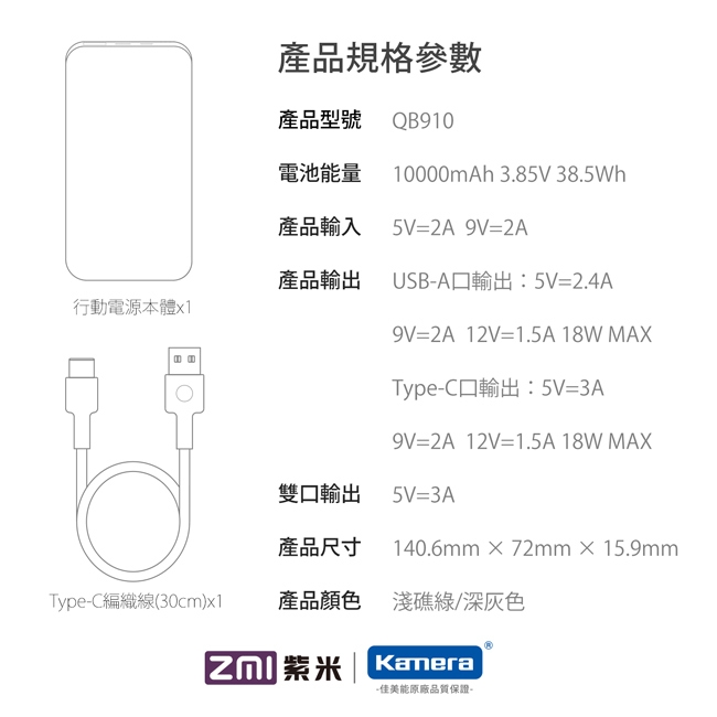 ZMI紫米 雙向快充行動電源10000mAh (QB910 / 淺礁綠)