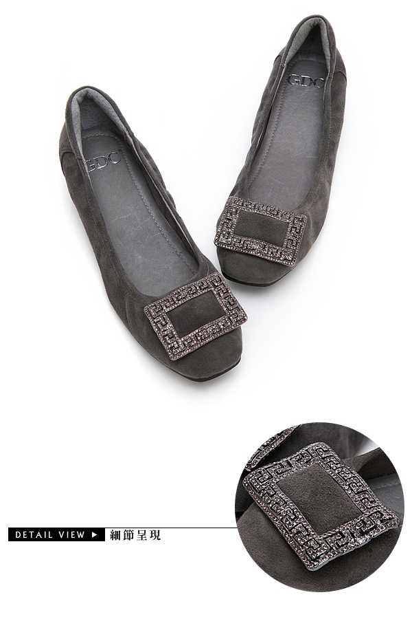 GDC-真皮高貴水鑽舒適方扣平底包鞋-灰色