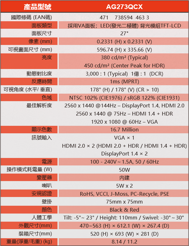 AOC 27吋VA液晶螢幕 AG273QCX