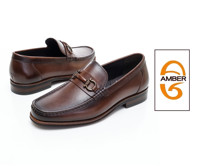 AMBER經典系列漸層皮革金屬扣環直套式紳士鞋方頭鞋-深咖啡