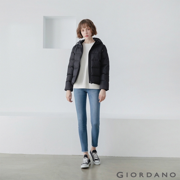 GIORDANO 女裝抽繩連帽羽絨外套-09 標誌黑