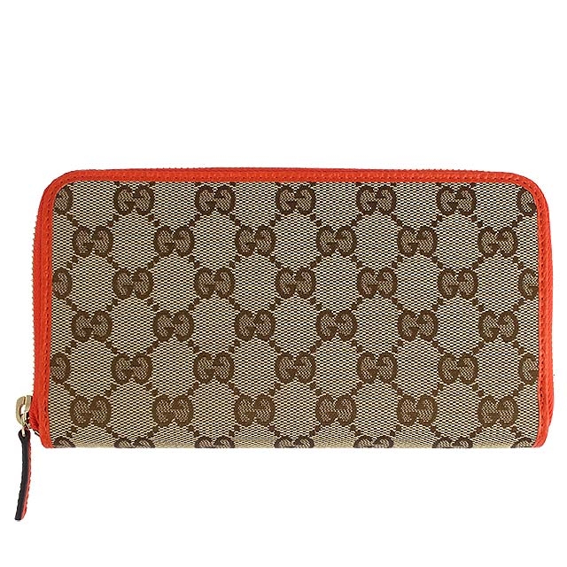 GUCCI 雙G緹花布橘色真皮飾邊拉鍊長夾