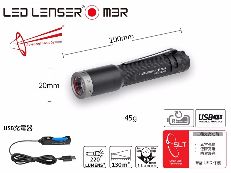 LED LENSER 智慧光系列 M3R 充電式伸縮調焦手電筒 220流明 6折出清