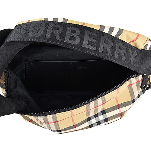 BURBERRY刺繡LOGO VINTAGE格紋尼龍拉鍊胸腰包(中/米)