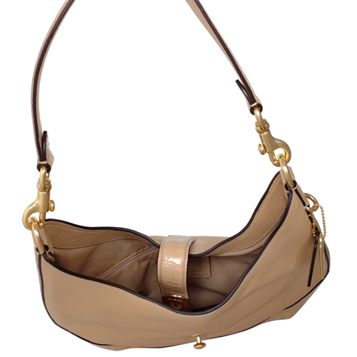 COACH裸色荔枝紋拼接鱷魚紋全皮圓弧肩背賈姬包