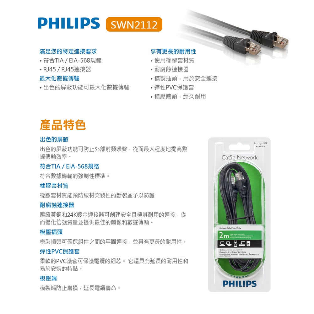 Philips 飛利浦 2.0m CAT.5E網路線 SWN2112/10