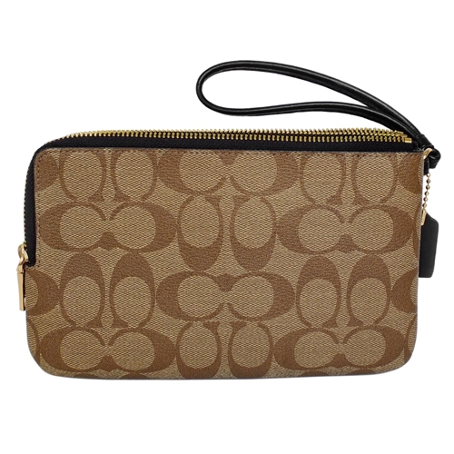 COACH卡其C Logo黑邊拉鍊雙層長夾式大款手拿包