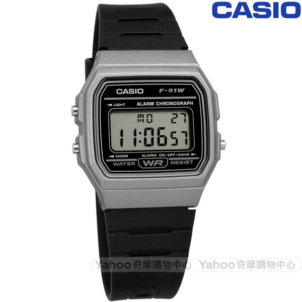 CASIO 卡西歐計時碼錶電子數位橡膠手錶-灰黑色F-91WM-1B 33mm