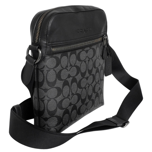 COACH灰黑C Logo拼接真皮直式方型飛行員斜背男包