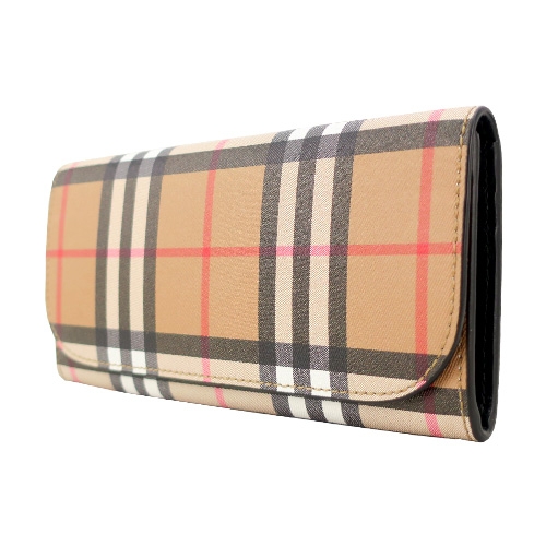 BURBERRY Vintage經典格紋皮革翻蓋窄寬長夾(卡其黑)