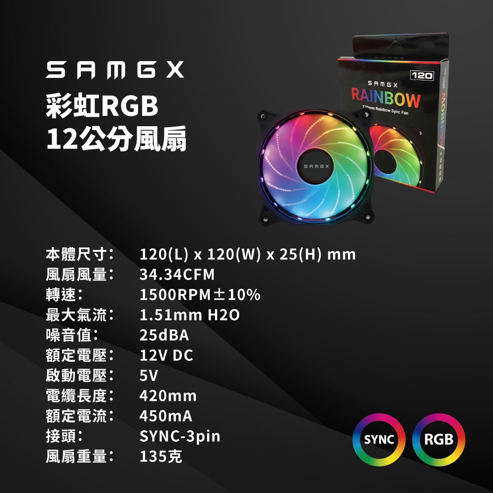 【SAMGX】12公分RGB風扇 主機板燈光同步SYNC 5V系統散熱風扇 RAINBOW