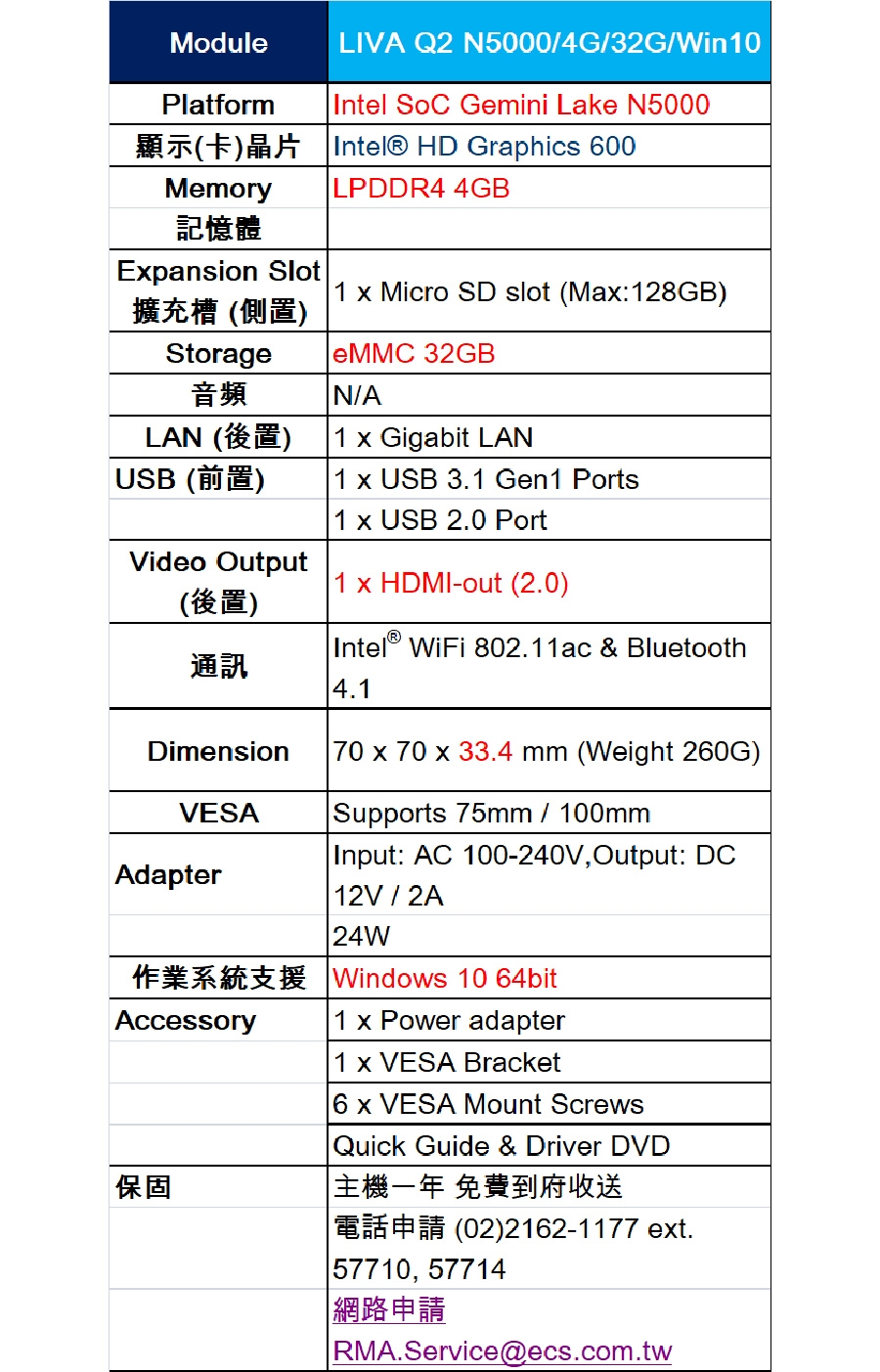 ECS 精英電腦LIVA Q2 迷你電腦(N5000/4G/32G/Win10)