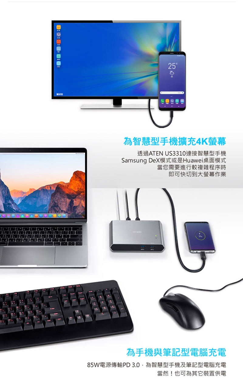 ATEN 2埠 USB-C 攜帶裝置切換器 (US3310) 搭載電源傳輸