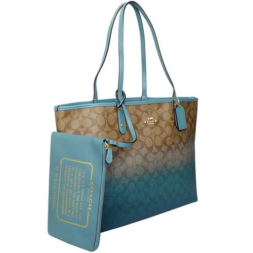 COACH卡其漸層湖水綠C Logo雙面使用大款肩背購物托特包