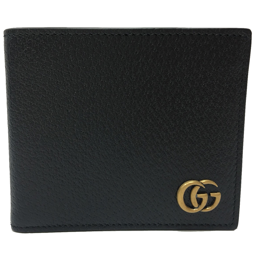 GUCCI 經典GG Marmont系列金屬GG LOGO牛皮折疊短夾(黑色-8卡)