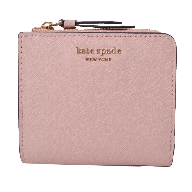 KATE SPADE 金屬字樣防刮牛皮扣式證件短夾/零錢包-芭蕾粉