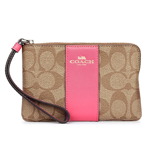 COACH 馬車LOGO PVC防水直條皮革L型拉鍊手拿包-桃粉/卡其色